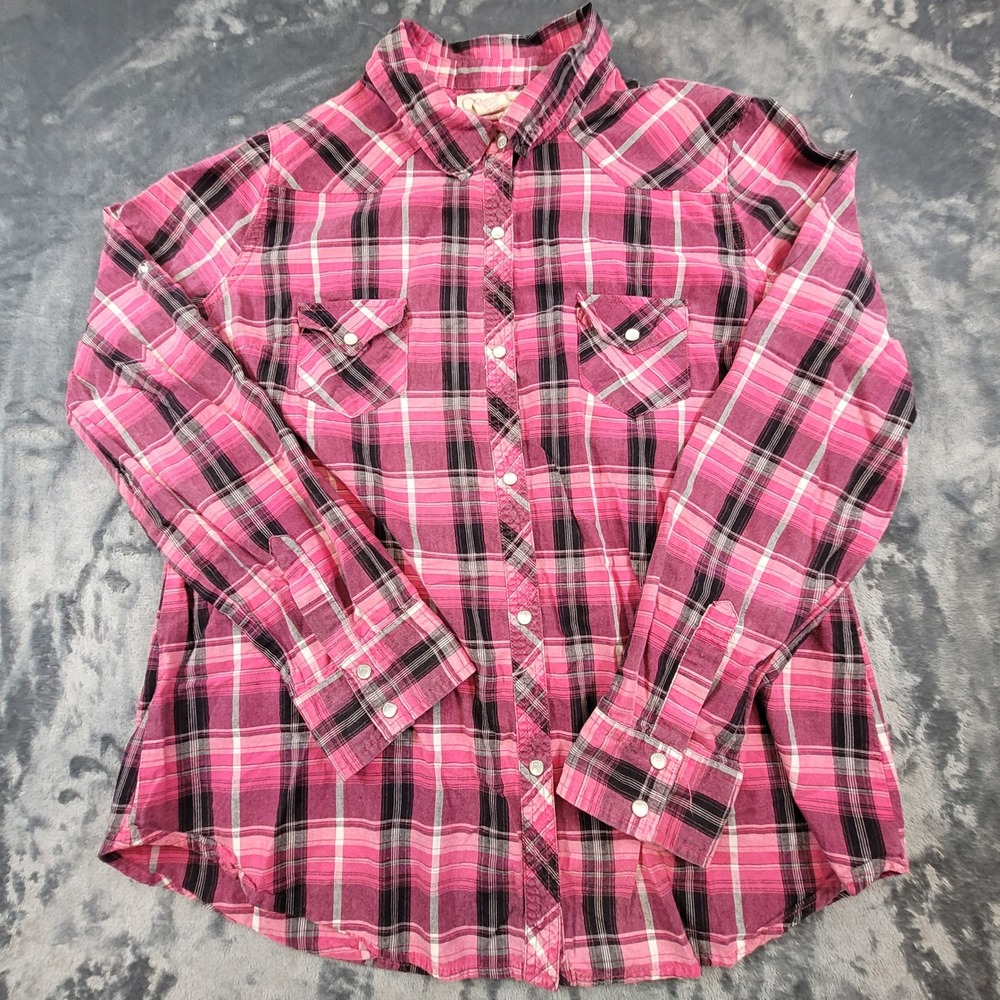 Vintage Ocean Pacific OP Pink Plaid Western Pearl Snap Shirt Womens XL 15/17